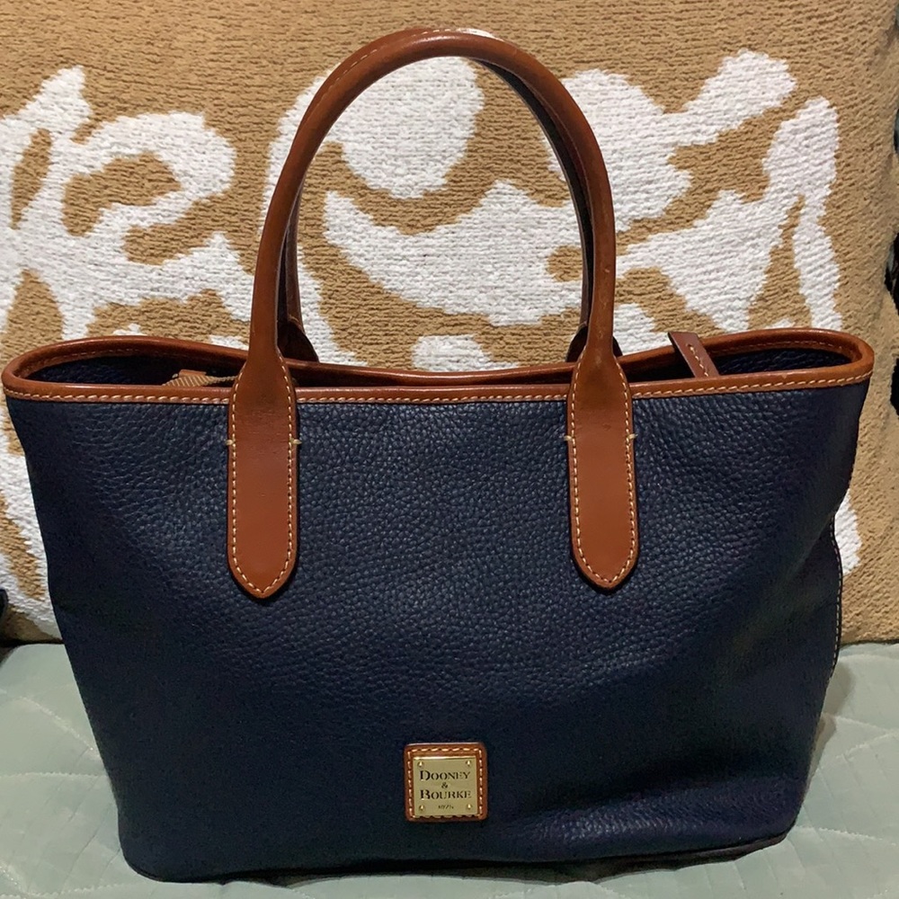 Dooney & Bourke Brielle Navy Pebble Leather Tote with Brown Trim